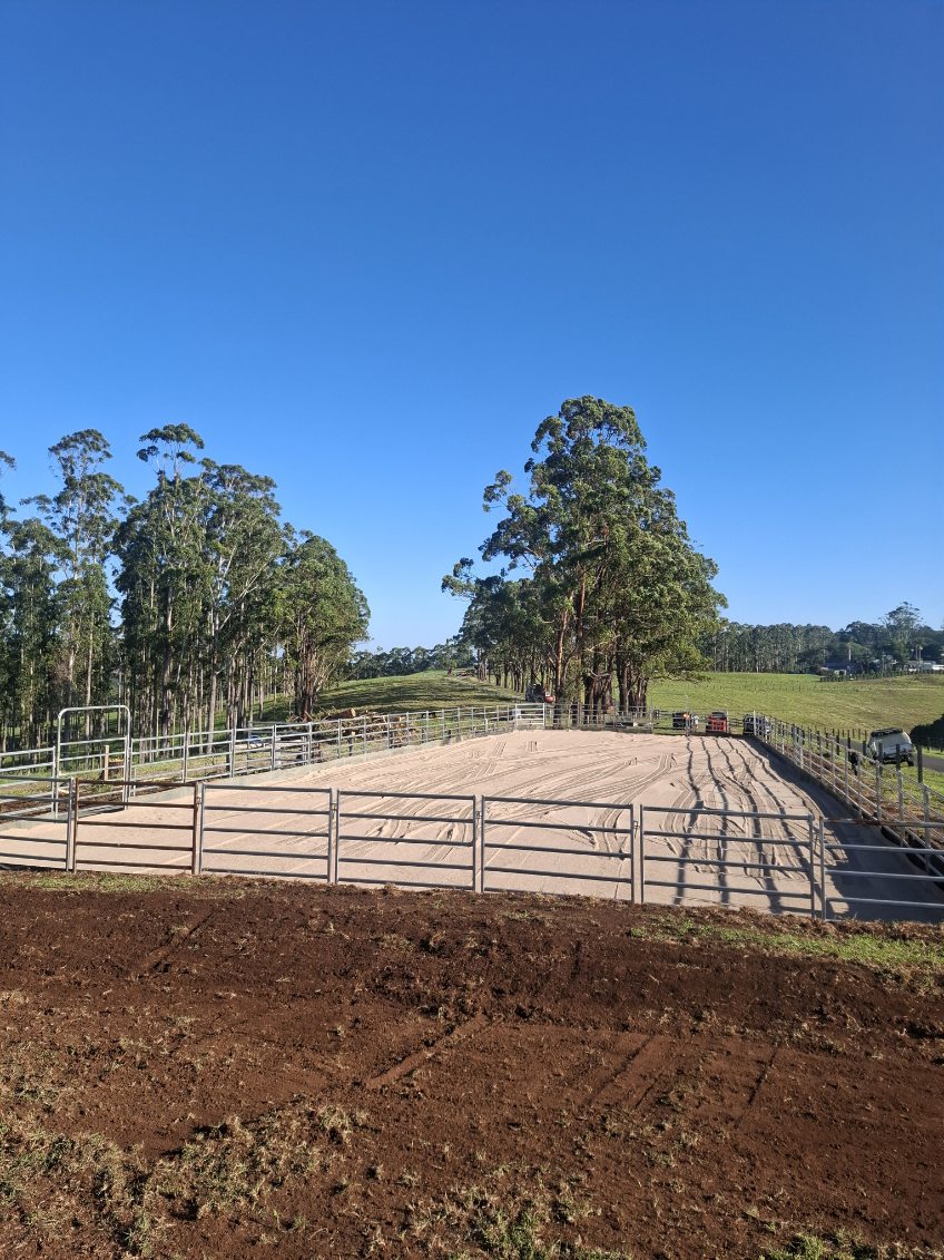 Newly built sand horse arena with steel fencing on acreage in the Northern Rivers NSW